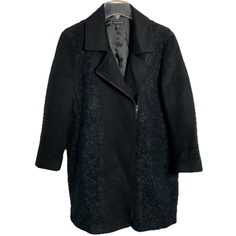 Eileen Fisher Alpaca Wool Boucle Coat L Black Asymmetrical Zip Moto Jacket